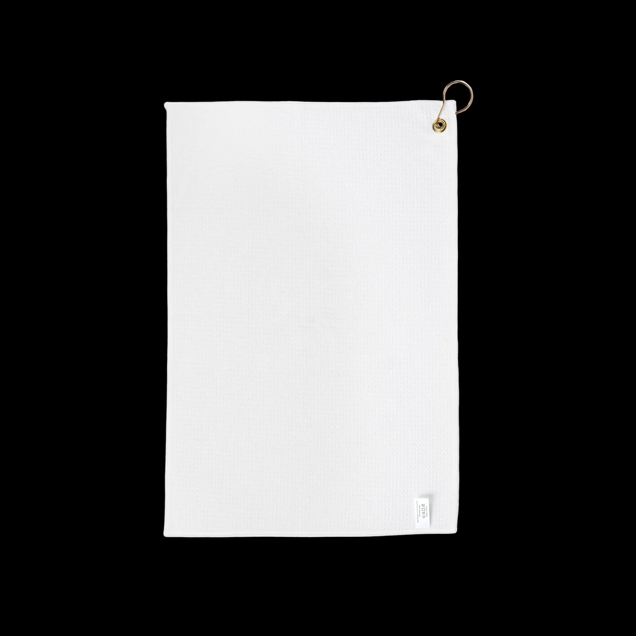 White towel with a gold hook on a white background